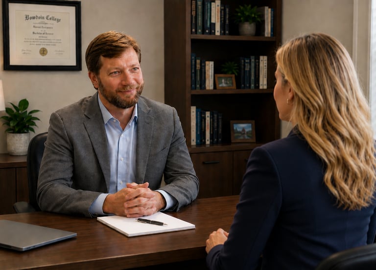Professional psychiatric consultation between Dr. Parker and patient in a modern office setting