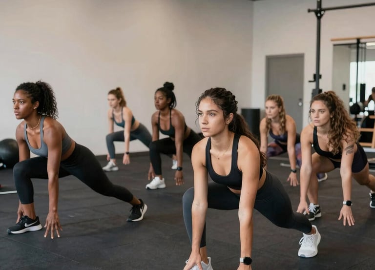 A dynamic group fitness session outdoors with Coach Theo guiding energetic participants.