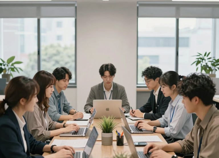 A dynamic team collaborating in a bright office with orange and white branding elements.