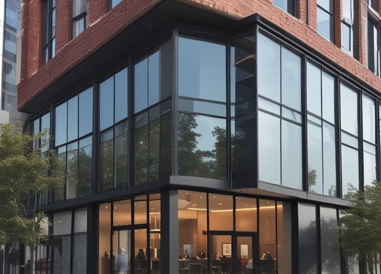 High-quality real estate image showing a modern mixed-use building under bright daylight.