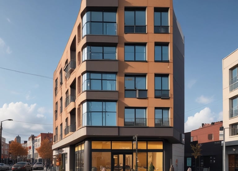 High-quality real estate image showing a modern mixed-use building under bright daylight.