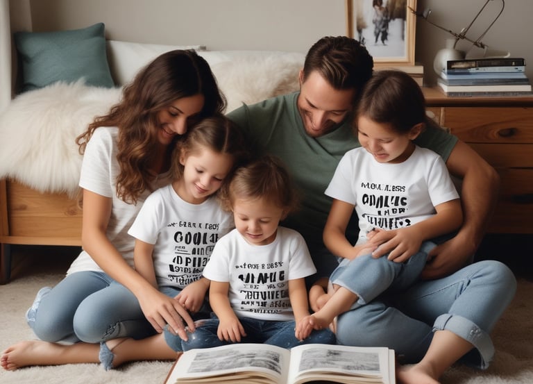A cozy family reading together on a couch surrounded by colorful children’s books and playful home essentials.
