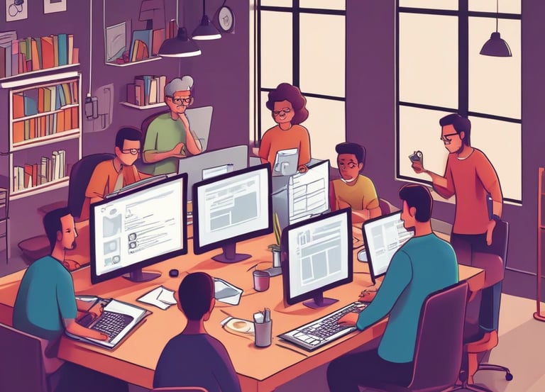 A team collaborating over laptops with code and diagrams on screen.