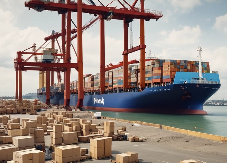 A professional coordinating export documents with shipping containers in the background.