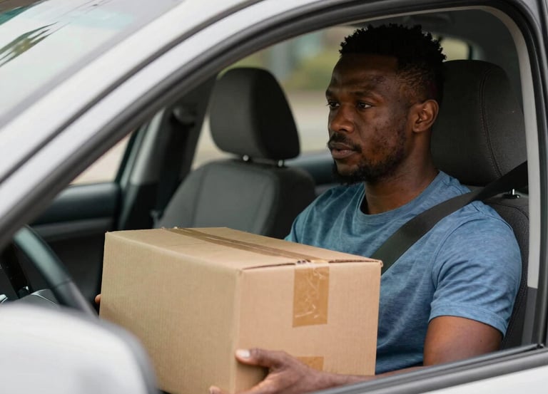 A professional courier in branded Hertzway LLC attire carefully handling a medical package outside a healthcare facility.
