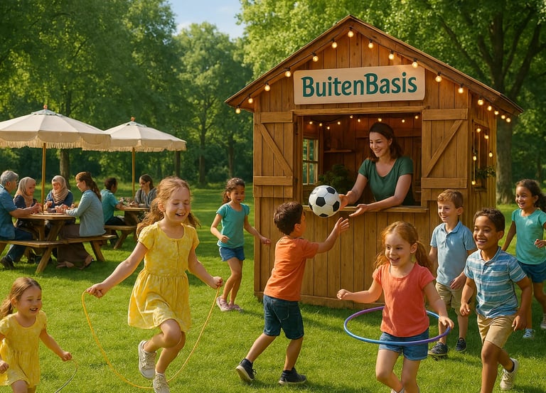 BuitenBasis houten huisje in het Schoterbos in Haarlem met spelende kinderen en hun ouders