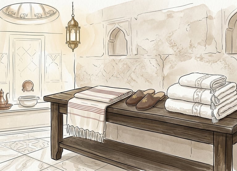 Sophisticated hammam illustration showing a serene spa experience and gift sets
