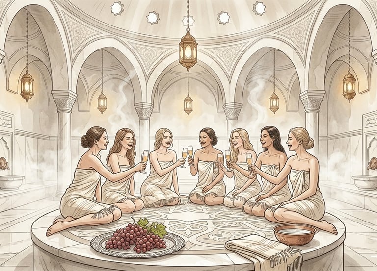 Friends enjoying a private celebration and refreshments in a 570-year-old historic hammam