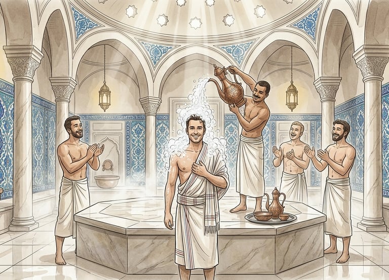 Men's traditional hammam gathering and groom's ritual at the historic Hizirbey Hamami