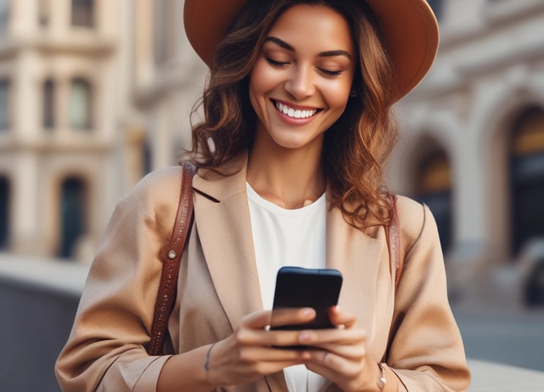 Minimalist white and gold themed image showing a smartphone with WhatsApp automation interface for an aesthetic clinic.