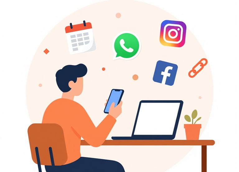 A warm cream background with five colorful cards arranged in a neat grid, each featuring an orange accent and a small icon.