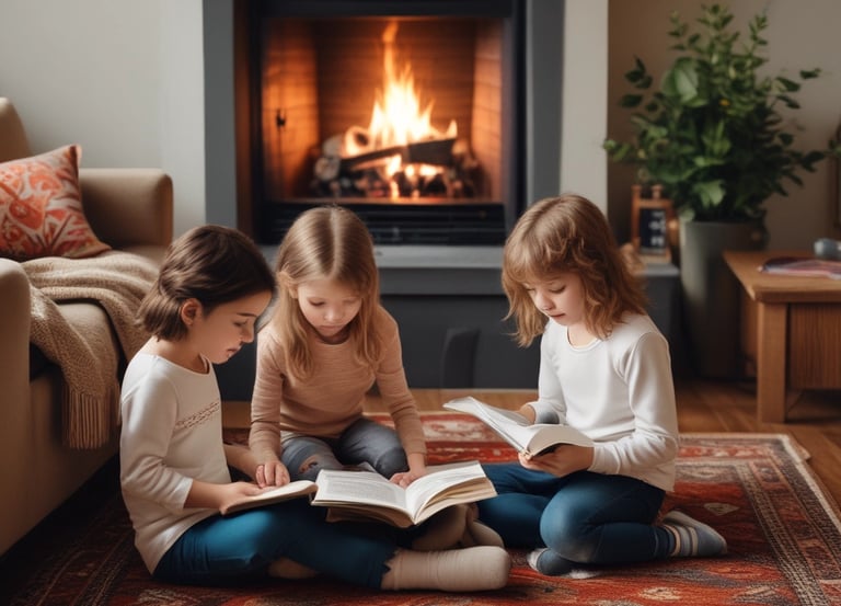 A cozy Harry Potter-style library with warm brown, orange, and red tones, softly lit with a festive glow.