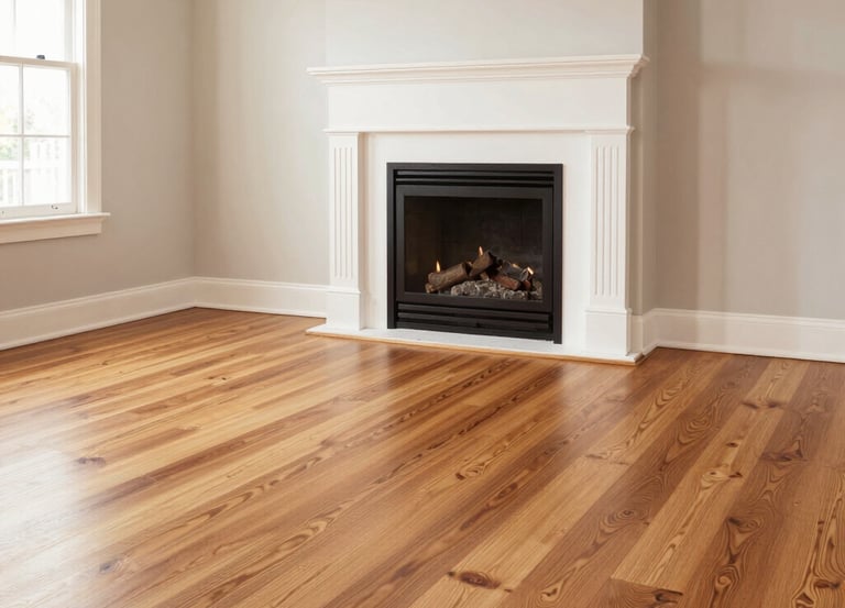 Living room featuring wide plank pine hardwood floors and a white fireplace mantel.