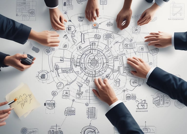 A team of professionals collaborating over advanced technology devices in a modern office.