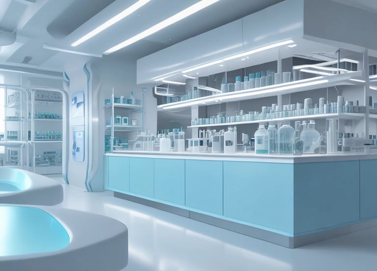 A bright, modern laboratory workspace with blue and white accents, showing enzyme-based cosmetic and cleaning products.
