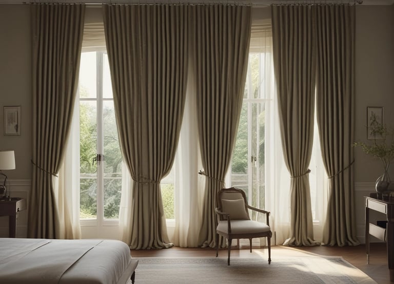 Luxurious custom curtains and draperies hanging in a sunlit elegant living room.