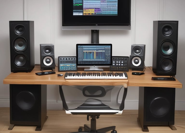 A sleek recording studio setup with purple and gold accents, featuring a microphone and mixing console.