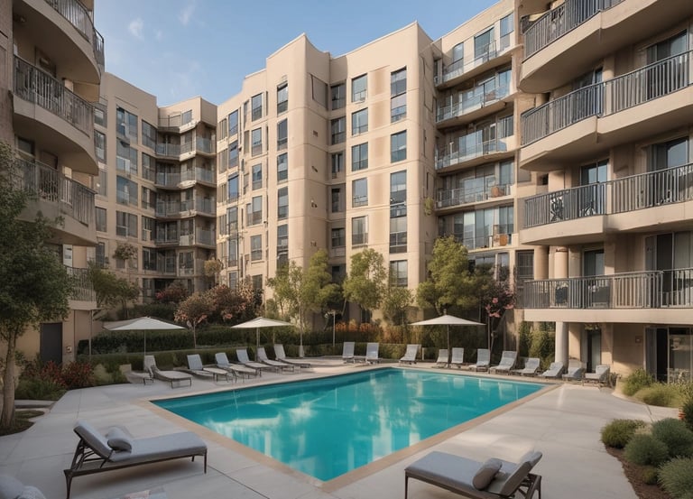 A friendly property manager greeting a happy tenant outside a well-kept Southern California residential building.