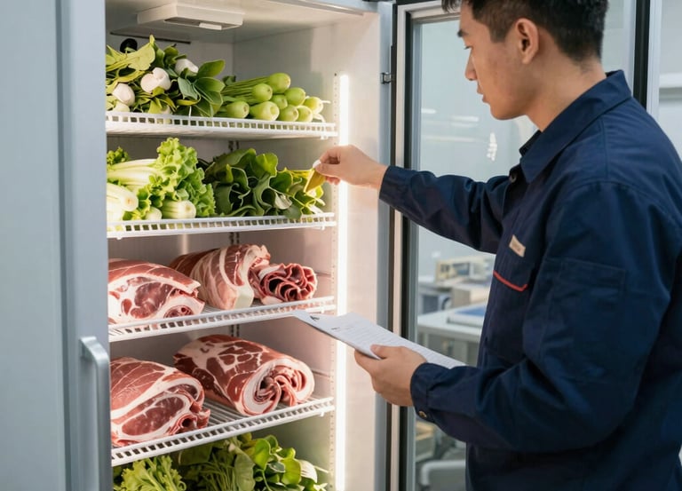 Technician in black uniform with golden accents repairing commercial refrigeration equipment in a sleek restaurant kitchen.