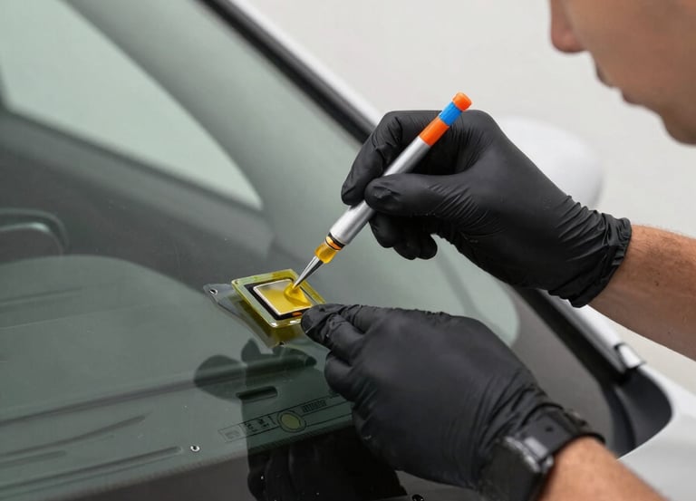 A close-up photograph of a professional technician in the North American US applying specialized resin to a small chip in a car windshield, bright natural daylight, clean and modern aesthetic.