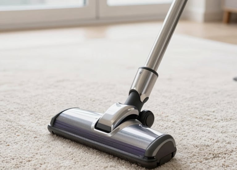 Vacuum head cleaning a carpeted floor as part of professional fibre‑safe carpet care.