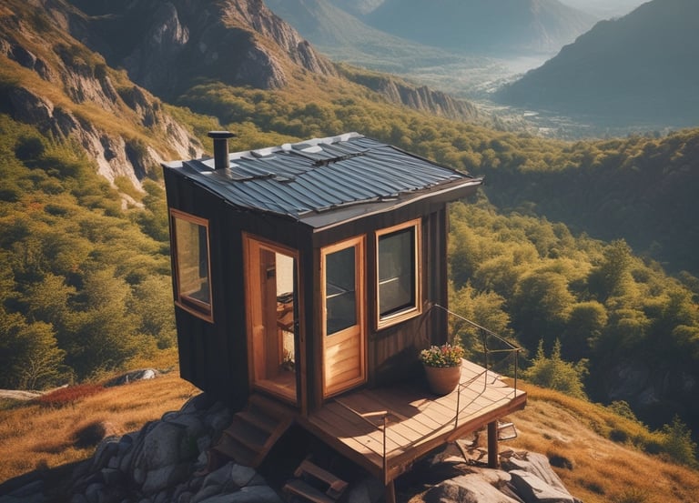 A cozy tiny house surrounded by greenery with a small solar panel on the roof.