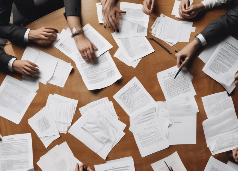 Professional lawyers discussing case documents in a modern office.