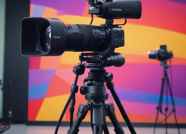 Cinematic shot of a creative team working with neon lights and lens flare effects.