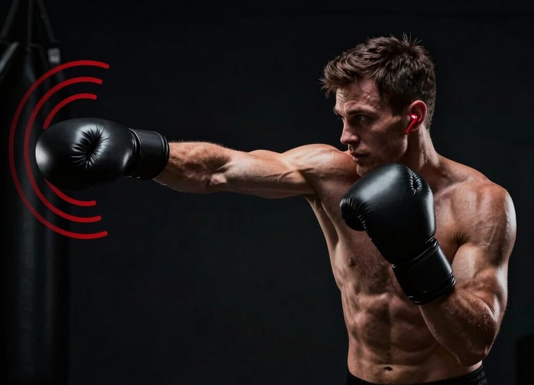 A focused boxer shadowboxing in a dimly lit gym, wearing synetiq sensors on wrists and ankles.