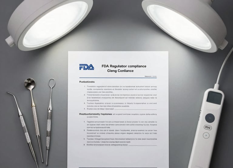 A professional consultant reviewing FDA regulatory documents with a medical device prototype on the desk.