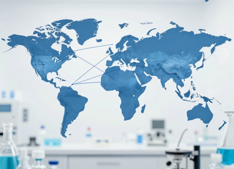 Three professional business people discussing documents against a navy blue background.