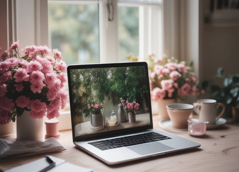 A cozy workspace with a laptop, pink flowers, and a cup of tea reflecting a calm, inspirational vibe.
