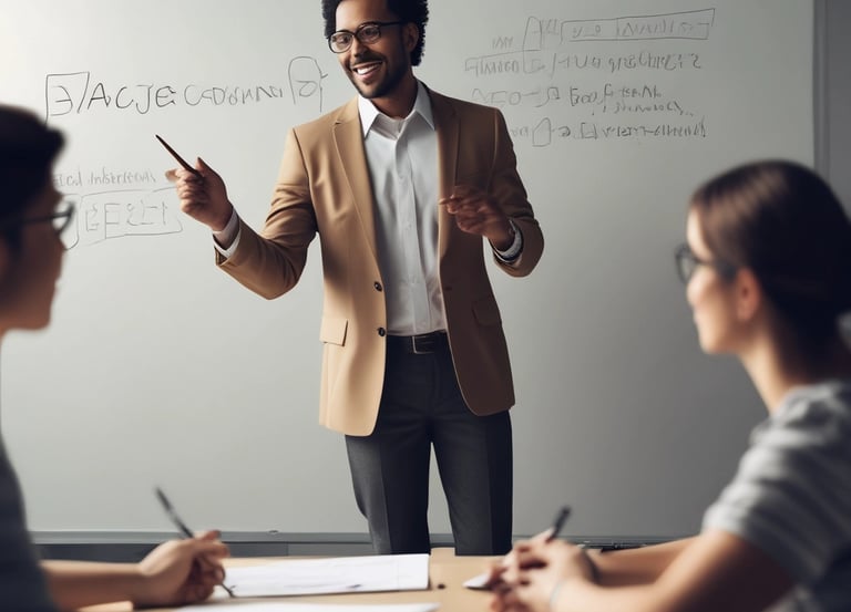 A lively workshop scene with a coach engaging a small group in dynamic training.