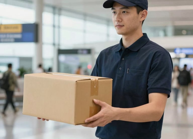 A professional courier in uniform carrying a secure package through an airport terminal.