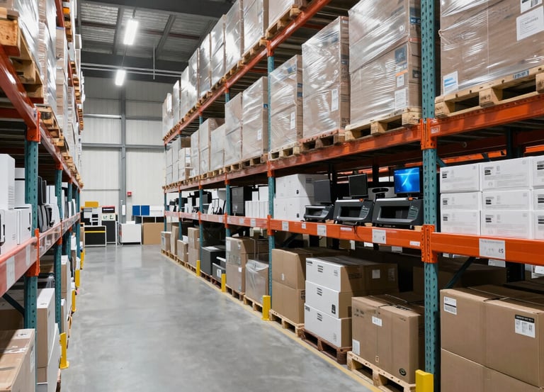 A sleek, modern warehouse with rows of electronics neatly organized under soft lighting.