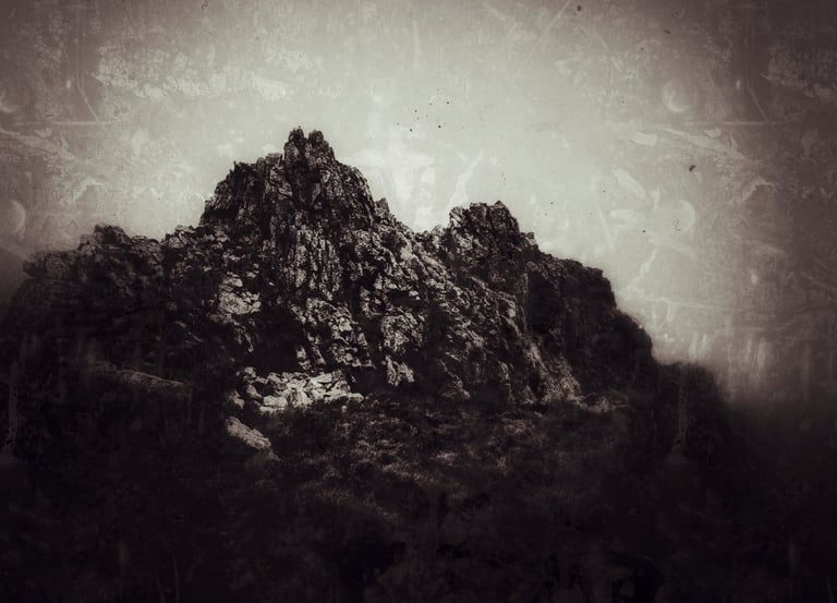 Vintage sepia-toned landscape of a rugged mountain peak with a textured, aged film overlay.
