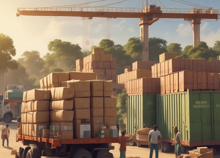 A cargo ship loaded with containers leaving an Indian port at sunset.