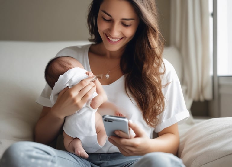 A caring mother chatting on her phone with a virtual advisor about newborn care.