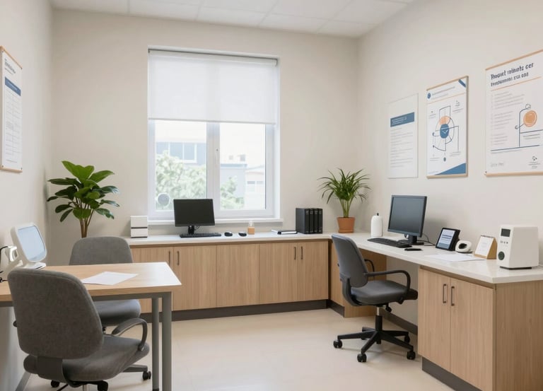 A welcoming healthcare professional smiling while assisting a happy patient in a bright modern clinic.