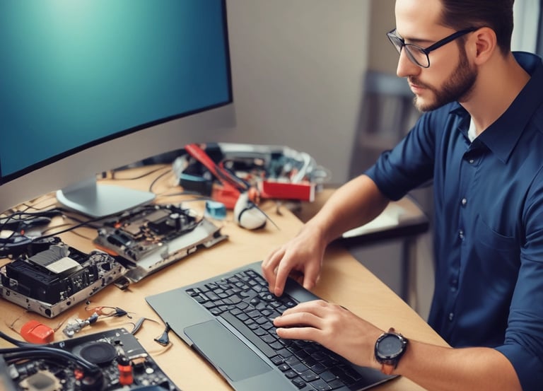 Technician repairing a laptop computer at a customer's home.
