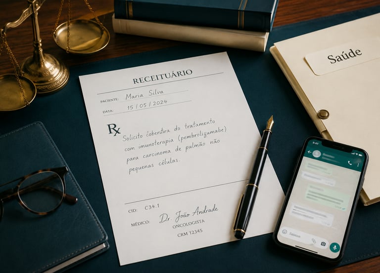 Receituário médico de Dupixent (Dupilumabe) para dermatite atópica ao lado de celular no WhatsApp