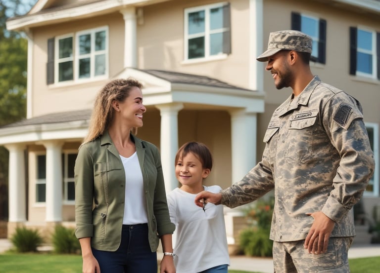 A smiling veteran couple reviewing home loan documents with a friendly advisor in a cozy office.