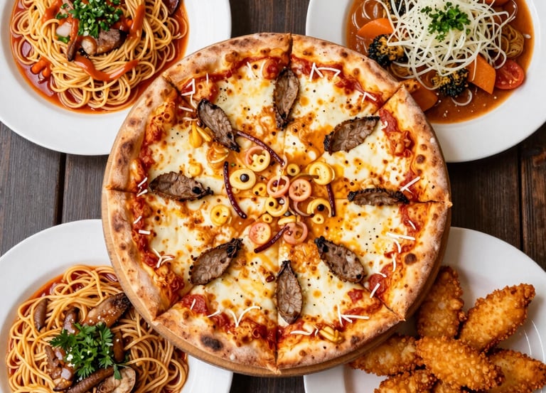 A warm, inviting Italian restaurant interior with a wood-fired pizza oven in the background.