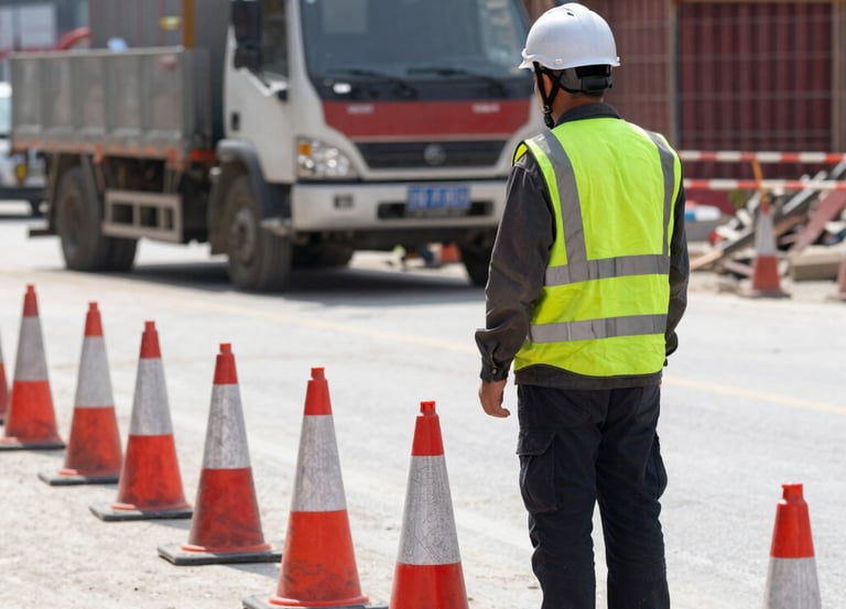 Industrial worker wearing reflective vest and helmet next to traffic cones on a construction site.