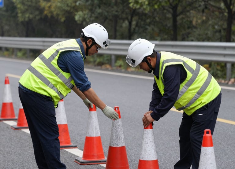 Industrial workers wearing reflective vests and helmets setting up road safety cones on a highway.