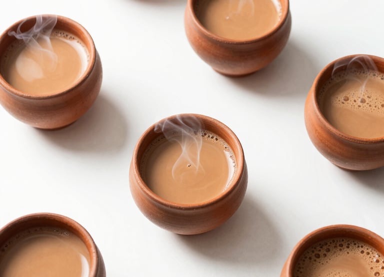 Overhead flat-lay of steaming clay cups of chai on a clean, bright white table under soft natural daylight.