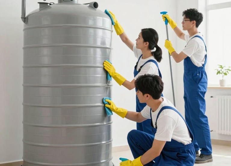 A professional technician cleaning a large water tank with safety gear in a bright industrial setting.