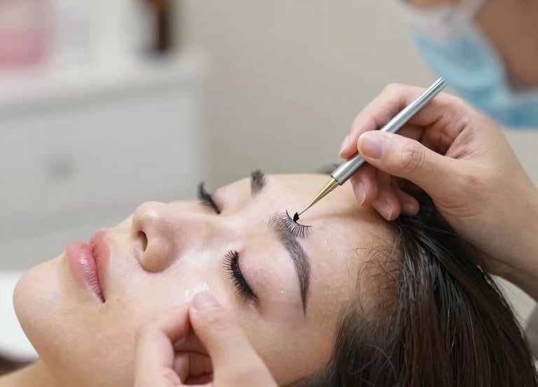 A serene beauty treatment room with soft pink and beige tones, elegant decor, and natural light.