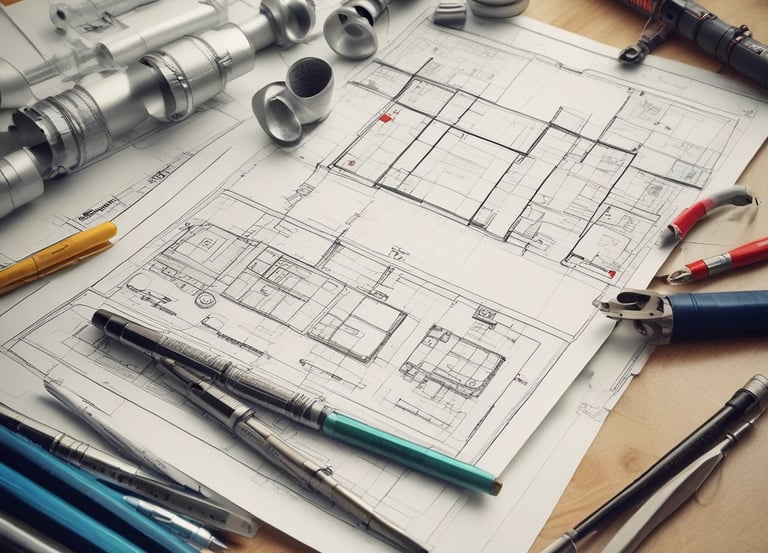 Engineers collaborating over detailed MEP system blueprints in a bright office.