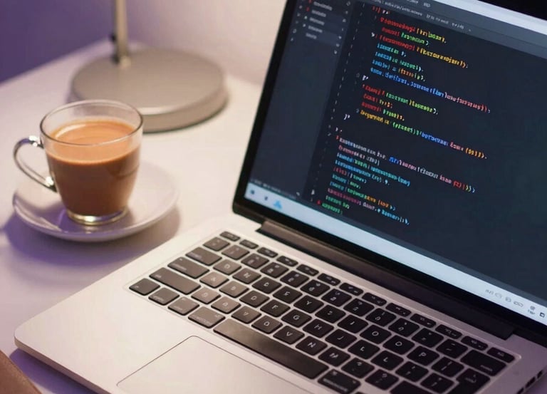 A close-up photograph of a professional workspace in Lahore, Pakistan, featuring a high-end laptop with code on the screen. Beside it is a warm cup of chai and a notebook. The lighting is soft and professional with hints of light purple from a desk lamp.